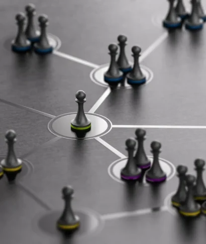 3d illustration of a social network with people connected together over black background. Modern design.